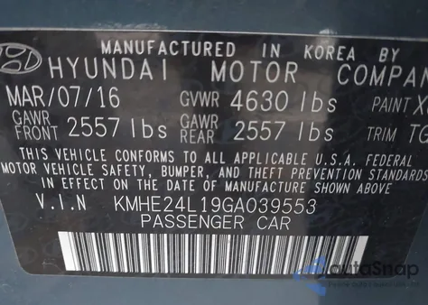 2016 Hyundai Sonata Hybrid Se from USA, damaged, VIN KMHE24L19GA039553